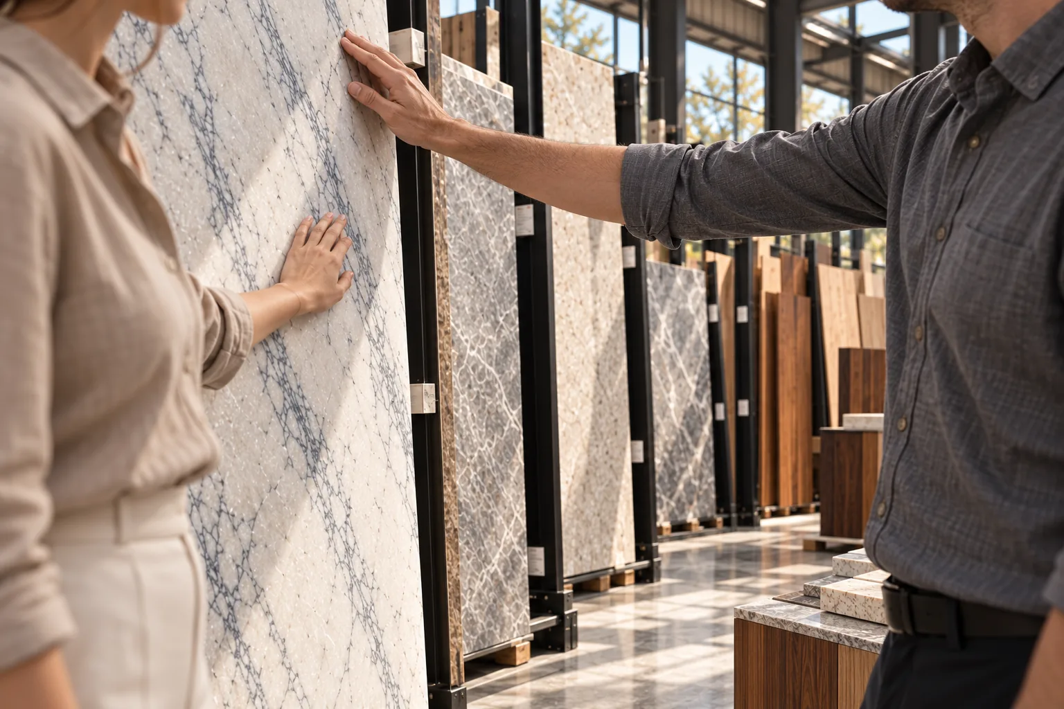 Clients reviewing stone slabs and finish samples in a supplier showroom