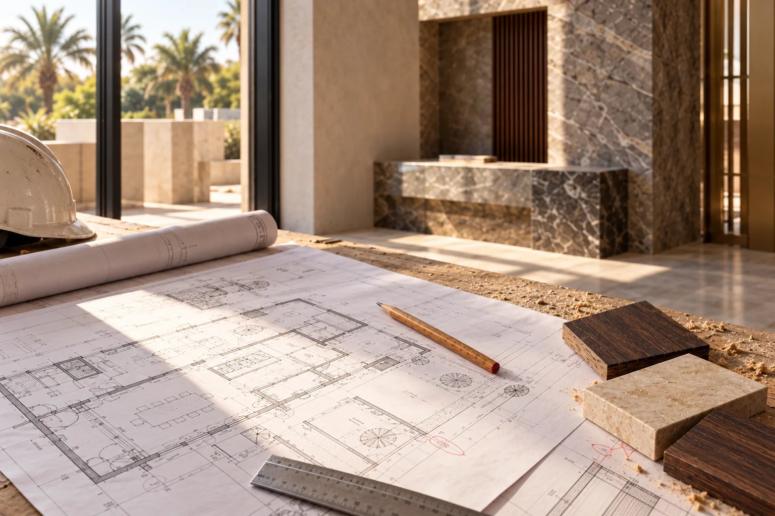 Site supervisor reviewing construction plans inside a building under fit-out