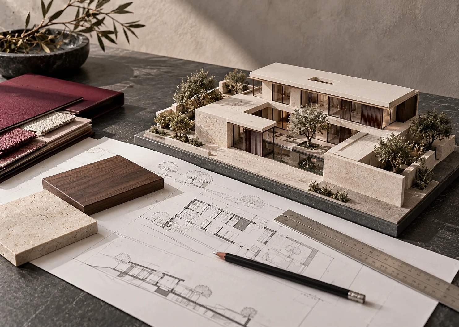 Architectural model, building plans and finish samples on a design table