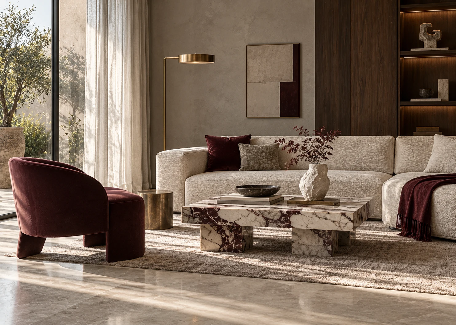 Warm contemporary living room with marble furniture and burgundy accents